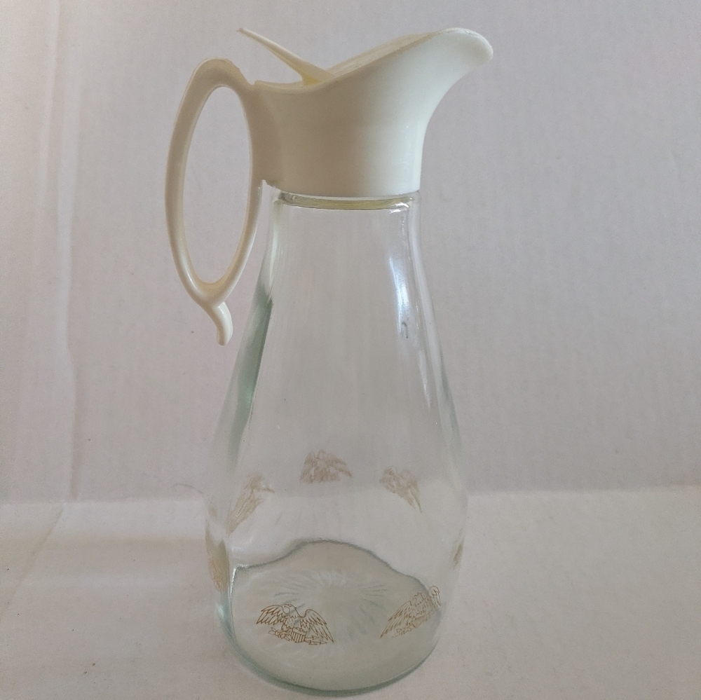 Log Cabin GLASS SYRUP PITCHER with Golden Eagle Pattern